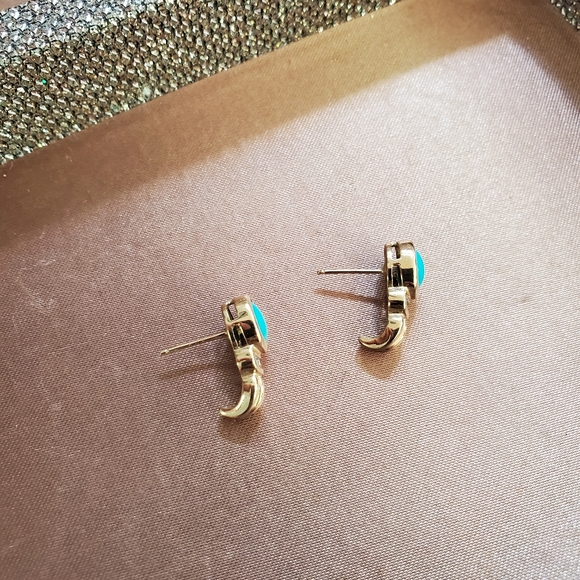 Vintage 10k Gold Diamond Turquoise Earrings - Picture 3 of 9